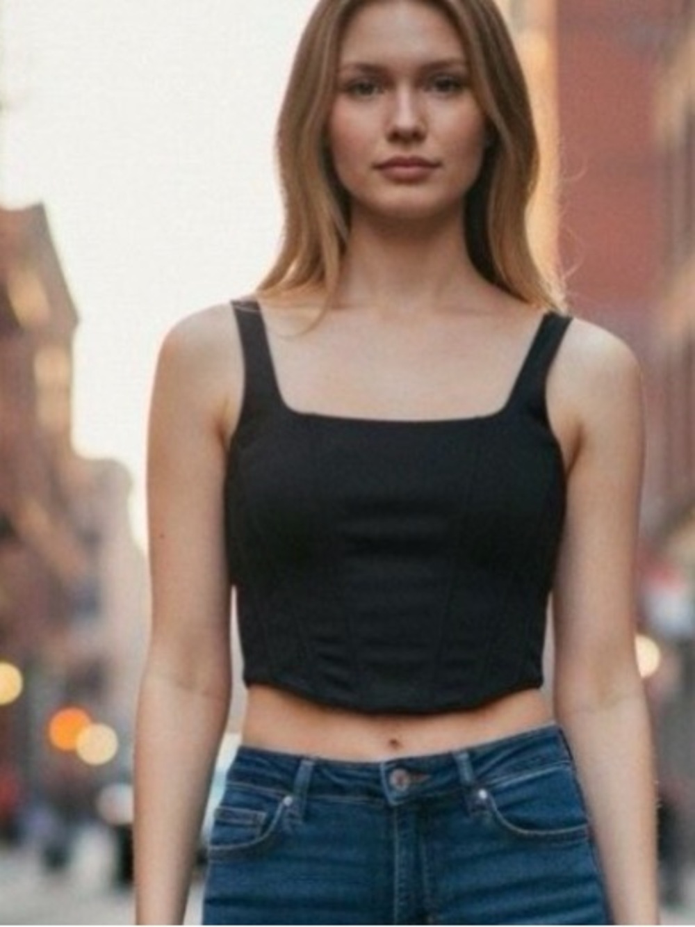 REORIA Black Square-Neck Boned Corset Bustier Crop Top Side Zip Sz M